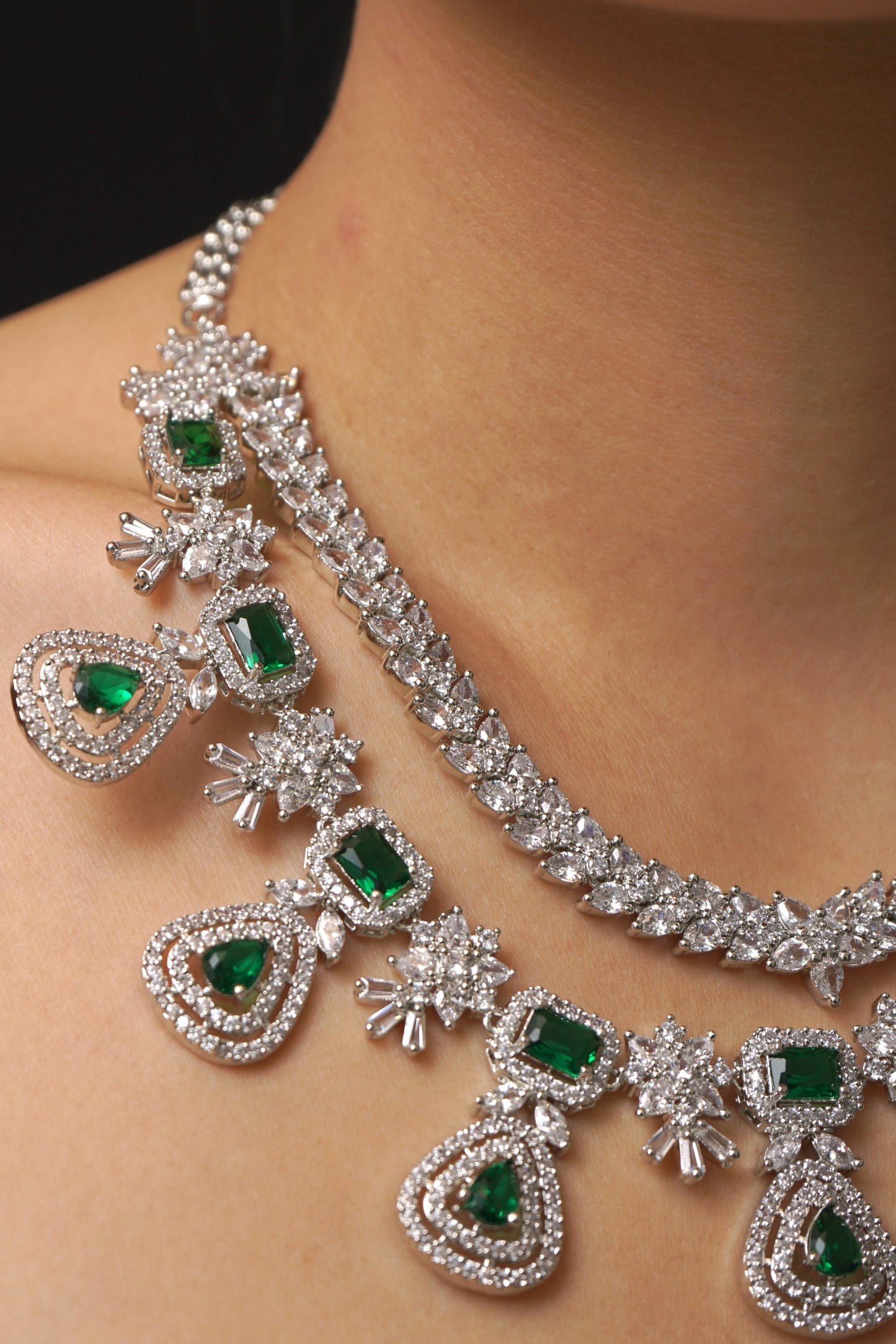 Green Double Layered Diamond Necklace Set - VNN032