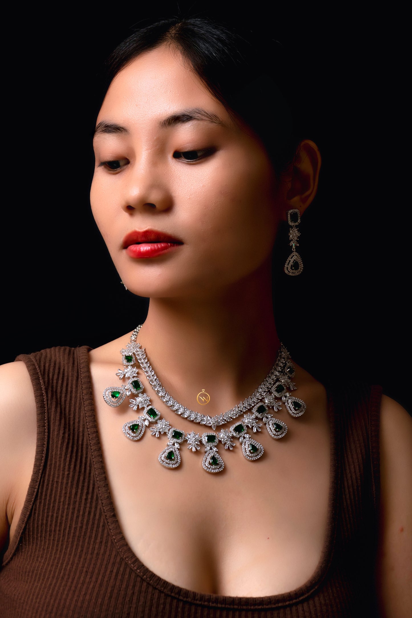 Green Double Layered Diamond Necklace Set - VNN032