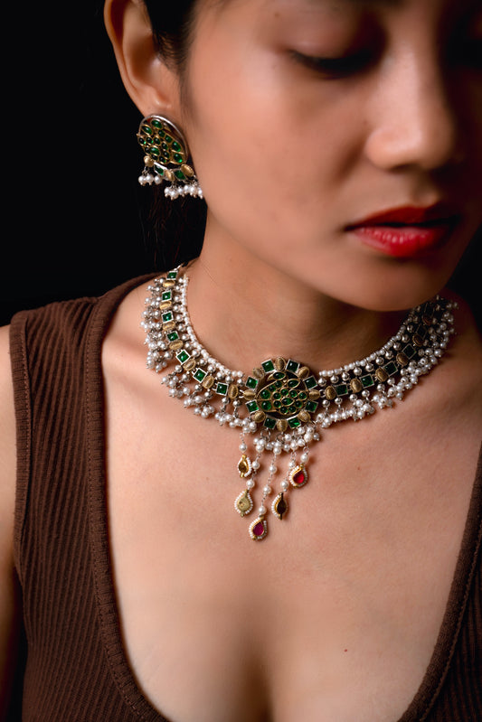 Fusion Green Choker Necklace Set- VNN036