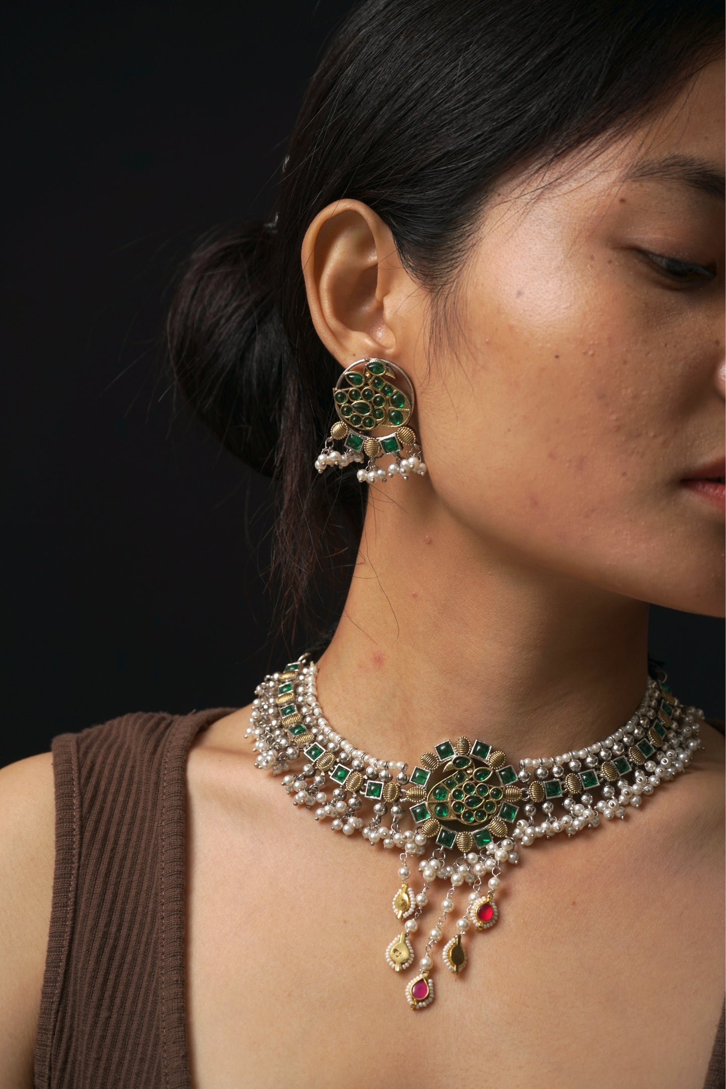 Fusion Green Choker Necklace Set- VNN036