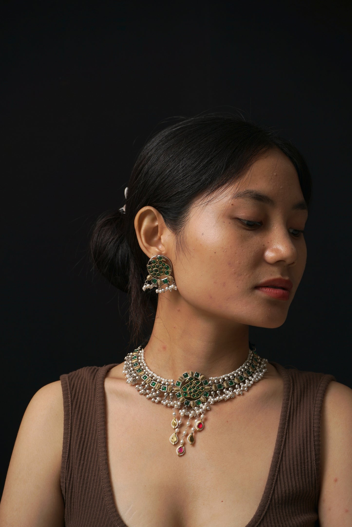 Fusion Green Choker Necklace Set- VNN036