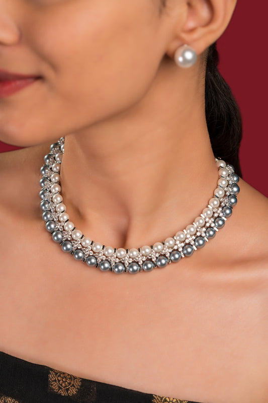 Diamond Silver White Pearl Necklace Set - VNN051