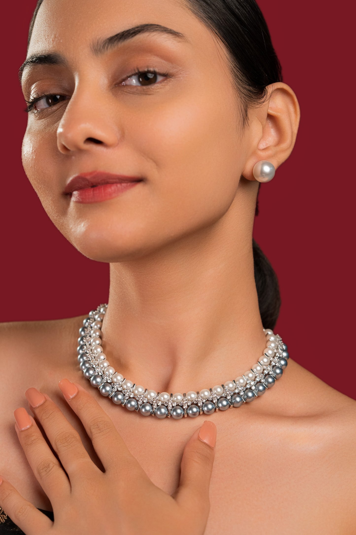 Diamond Silver White Pearl Necklace Set - VNN051