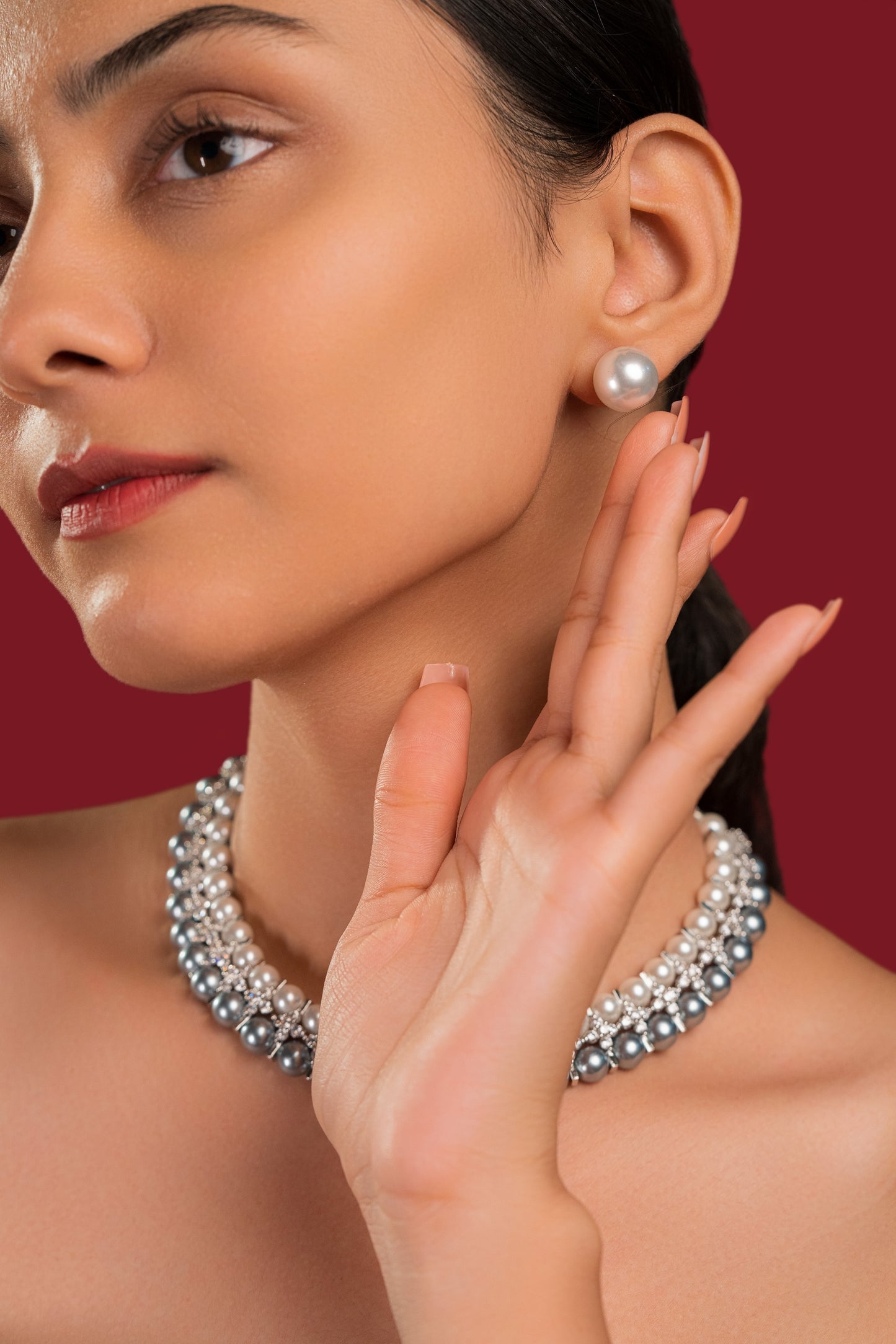 Diamond Silver White Pearl Necklace Set - VNN051