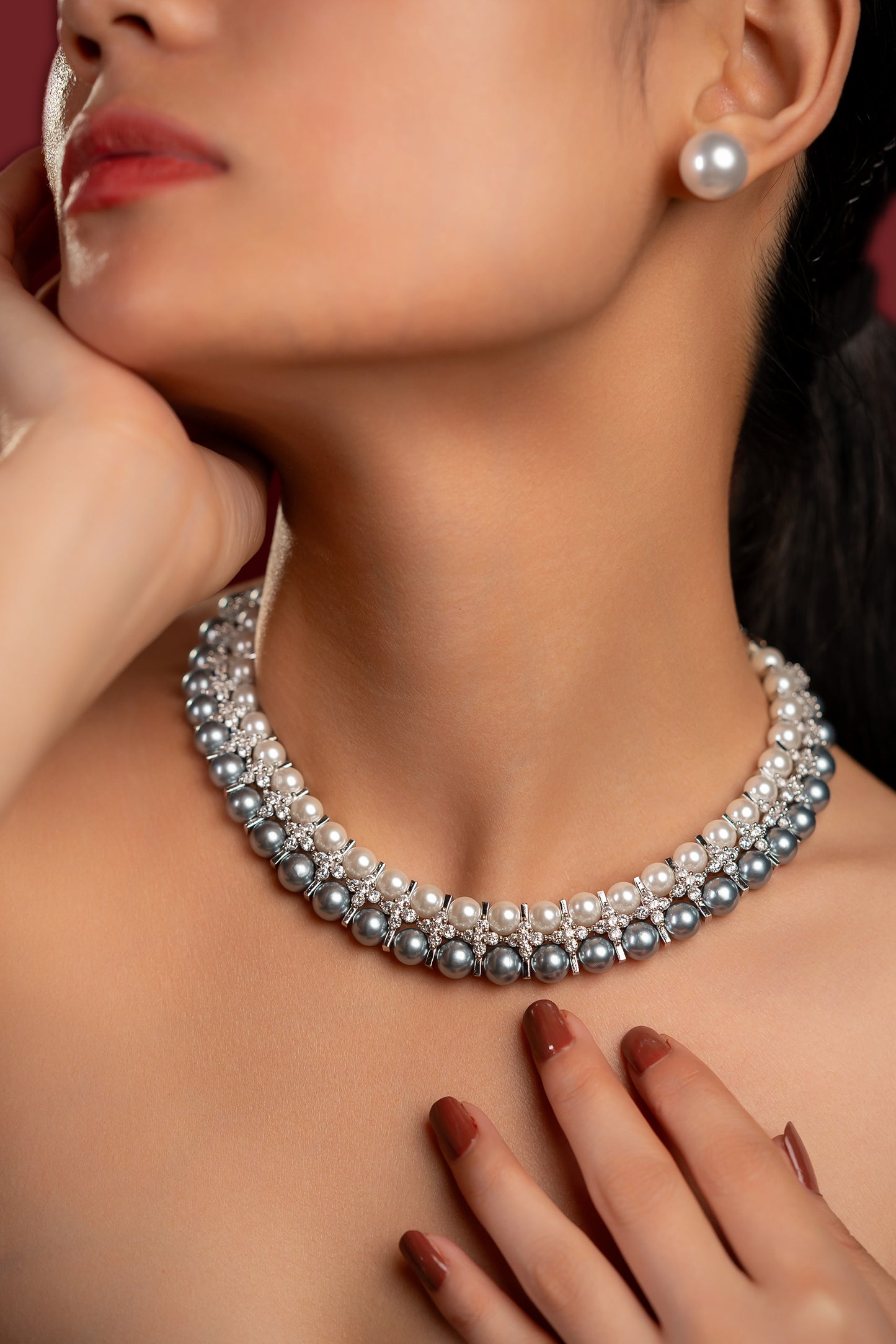 Diamond Silver White Pearl Necklace Set - VNN051