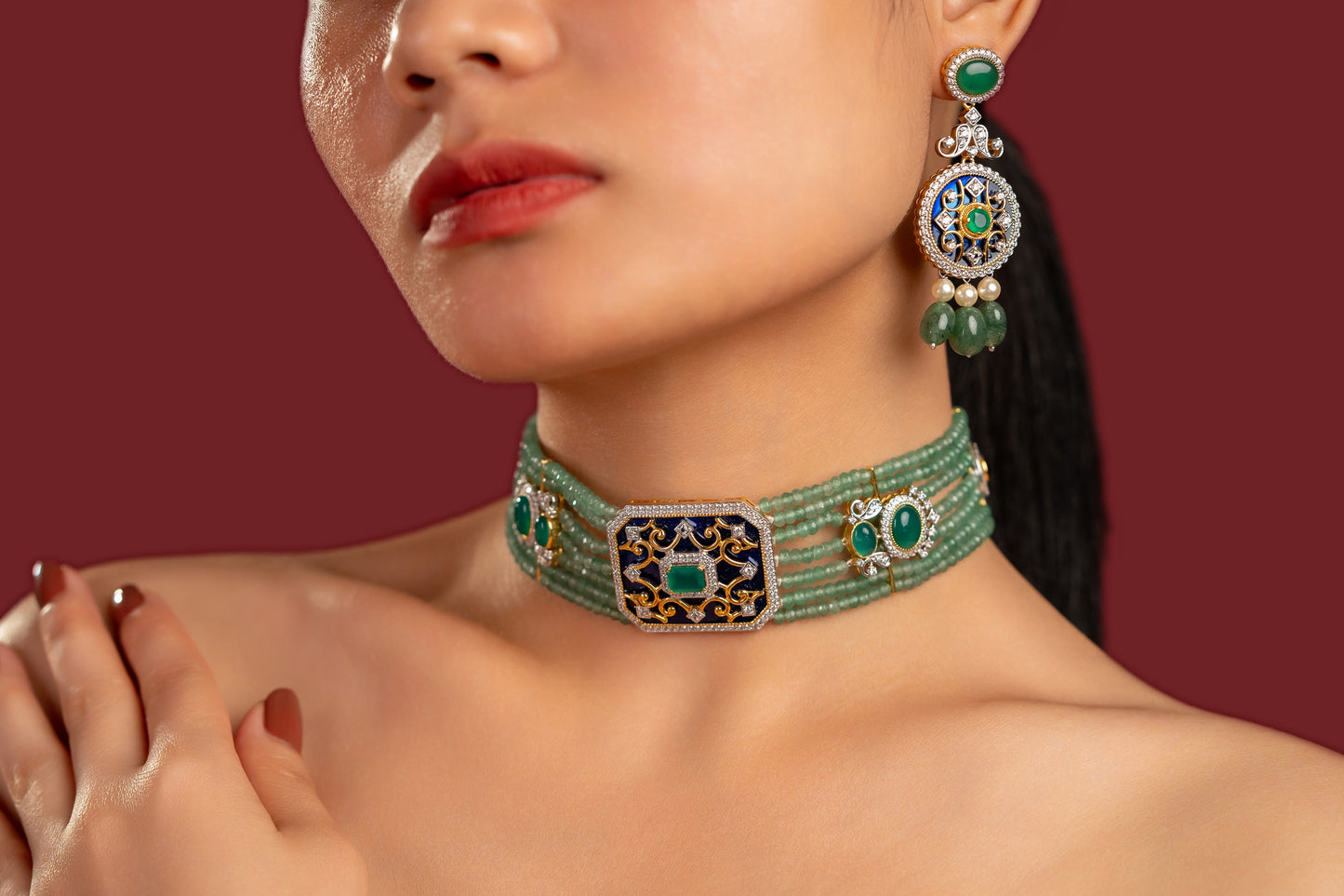 Blue Green Diamond Choker Set - VNN055