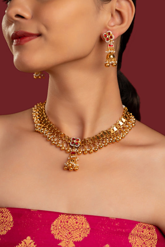 Antique Red Jadau Necklace Set - VNN056