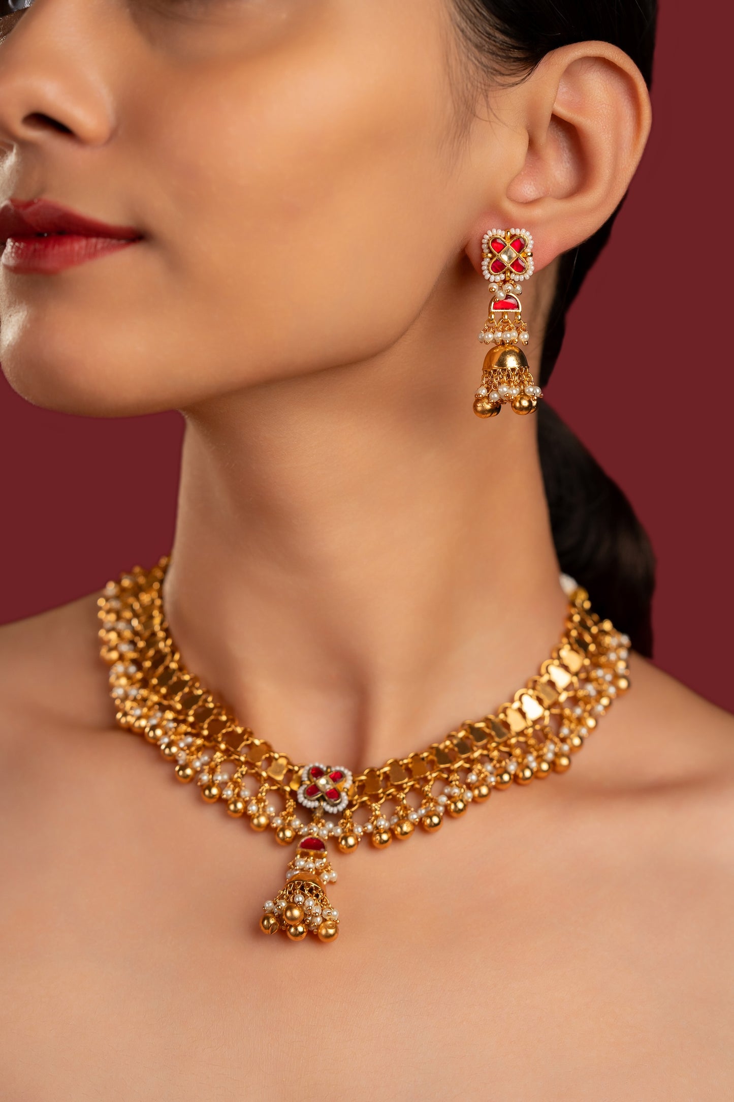 Antique Red Jadau Necklace Set - VNN056