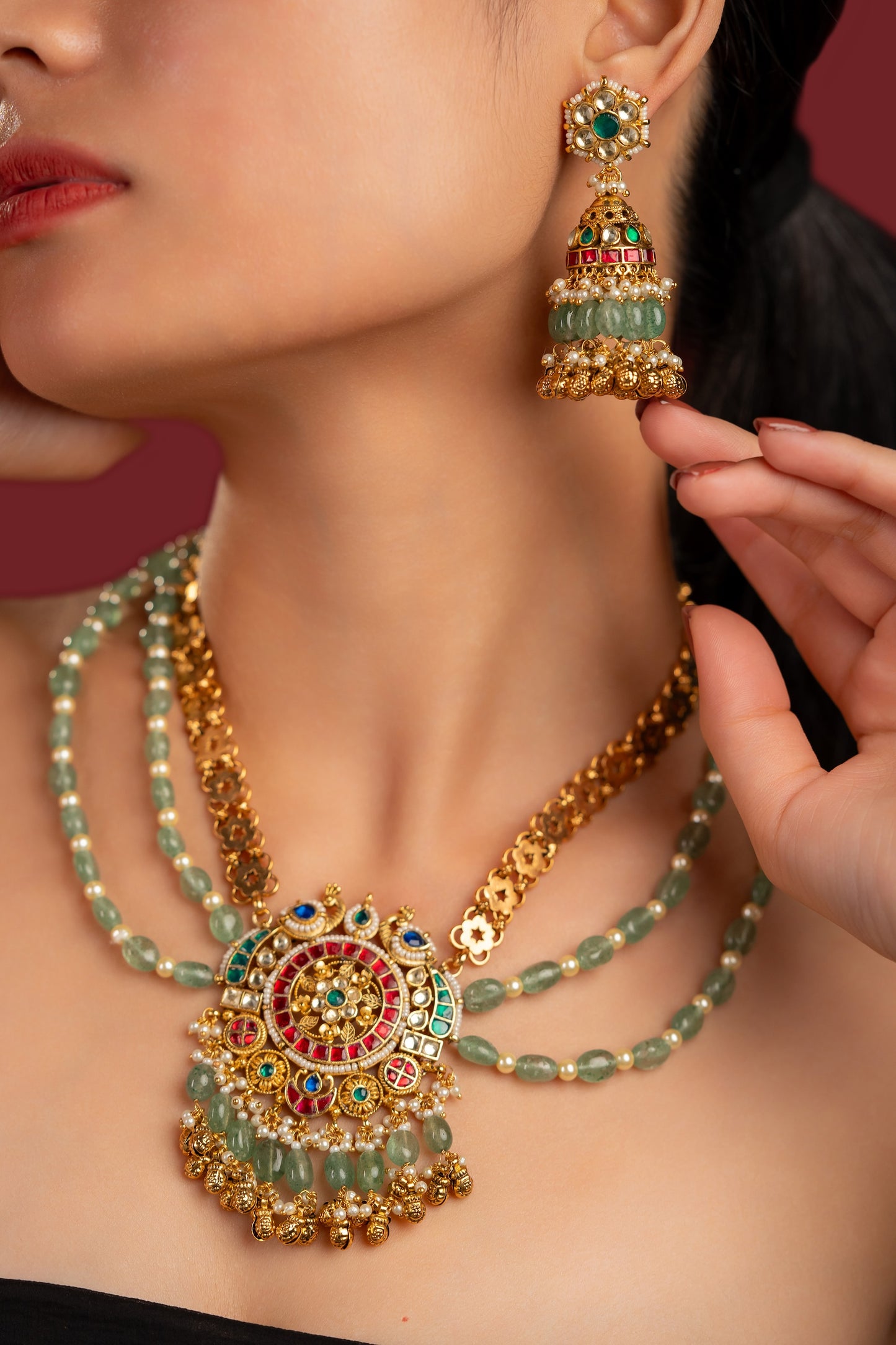 Antique Green Pearl Jadau Necklace Set - VNN057