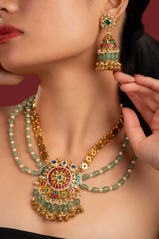 Antique Green Pearl Jadau Necklace Set - VNN057