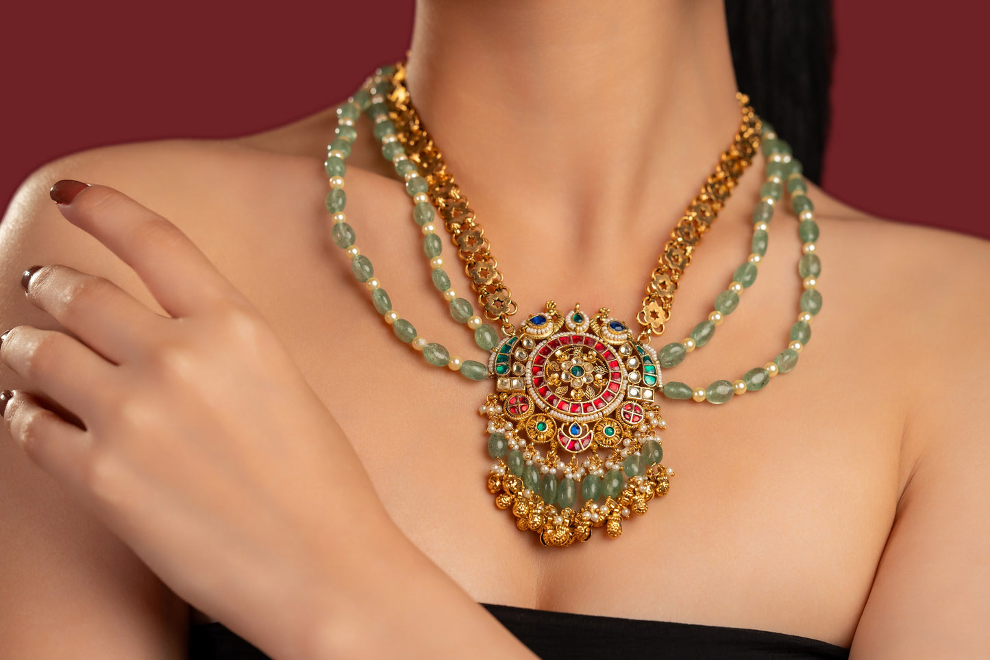 Antique Green Pearl Jadau Necklace Set - VNN057