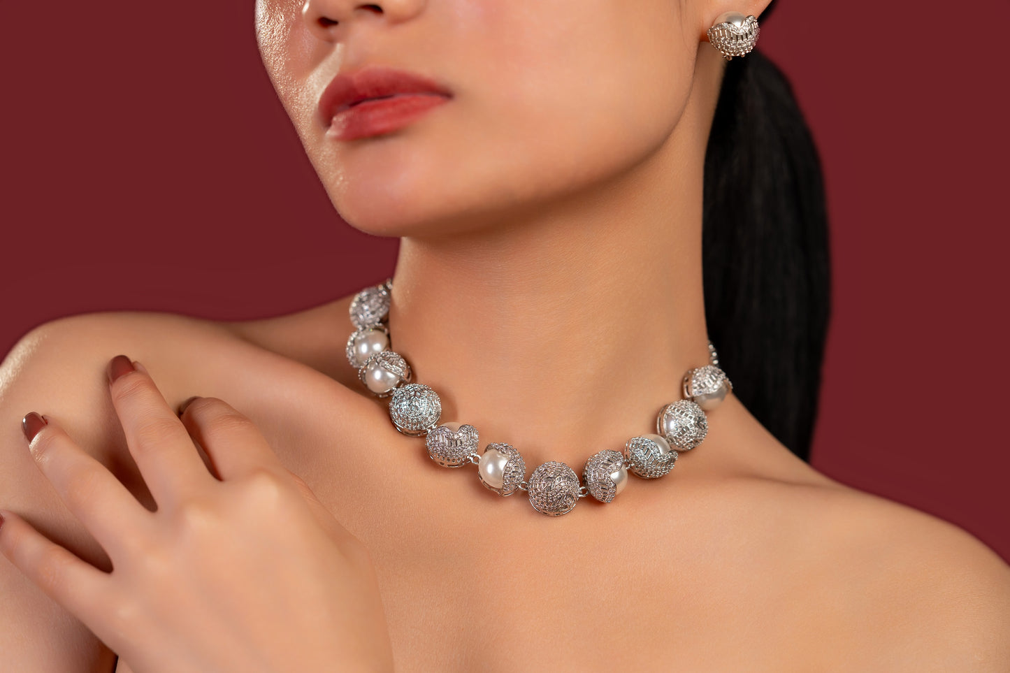 Pearl Diamond Necklace Set - VNN061