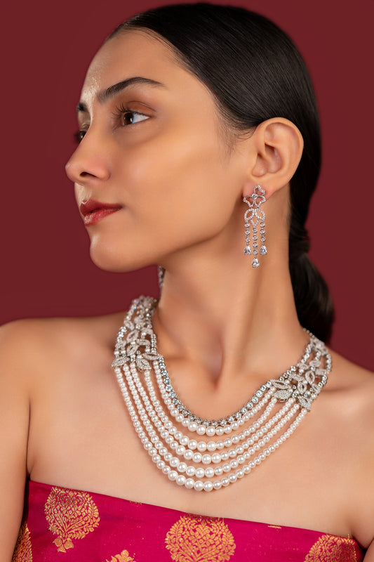 Pearl Diamond Layered Necklace Set - VNN062