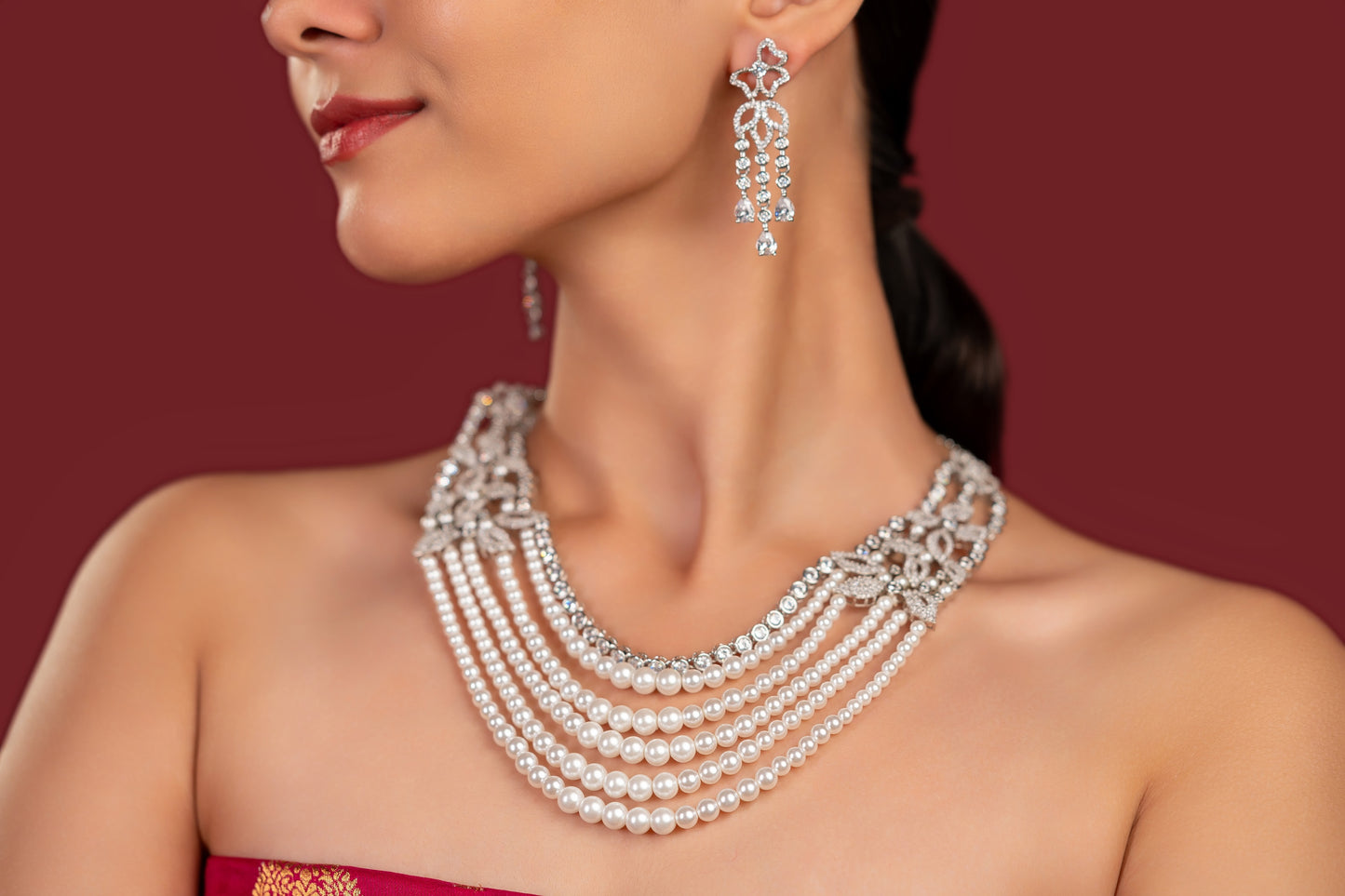 Pearl Diamond Layered Necklace Set - VNN062