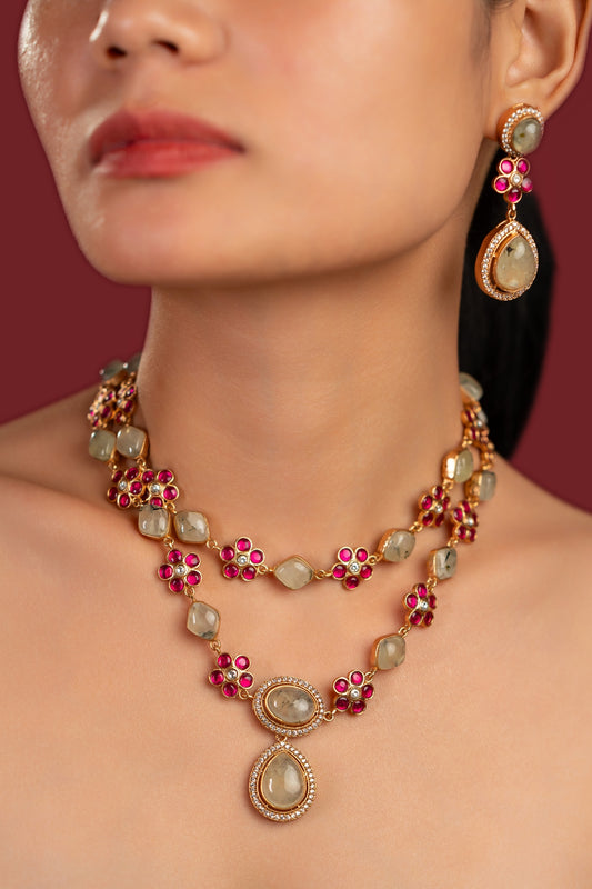Polki Layered Multi Stone Necklace Set - VNN064