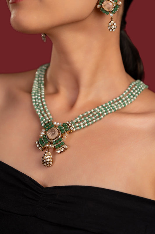 Green Pearl Pink Stone Polki Necklace Set - VNN065