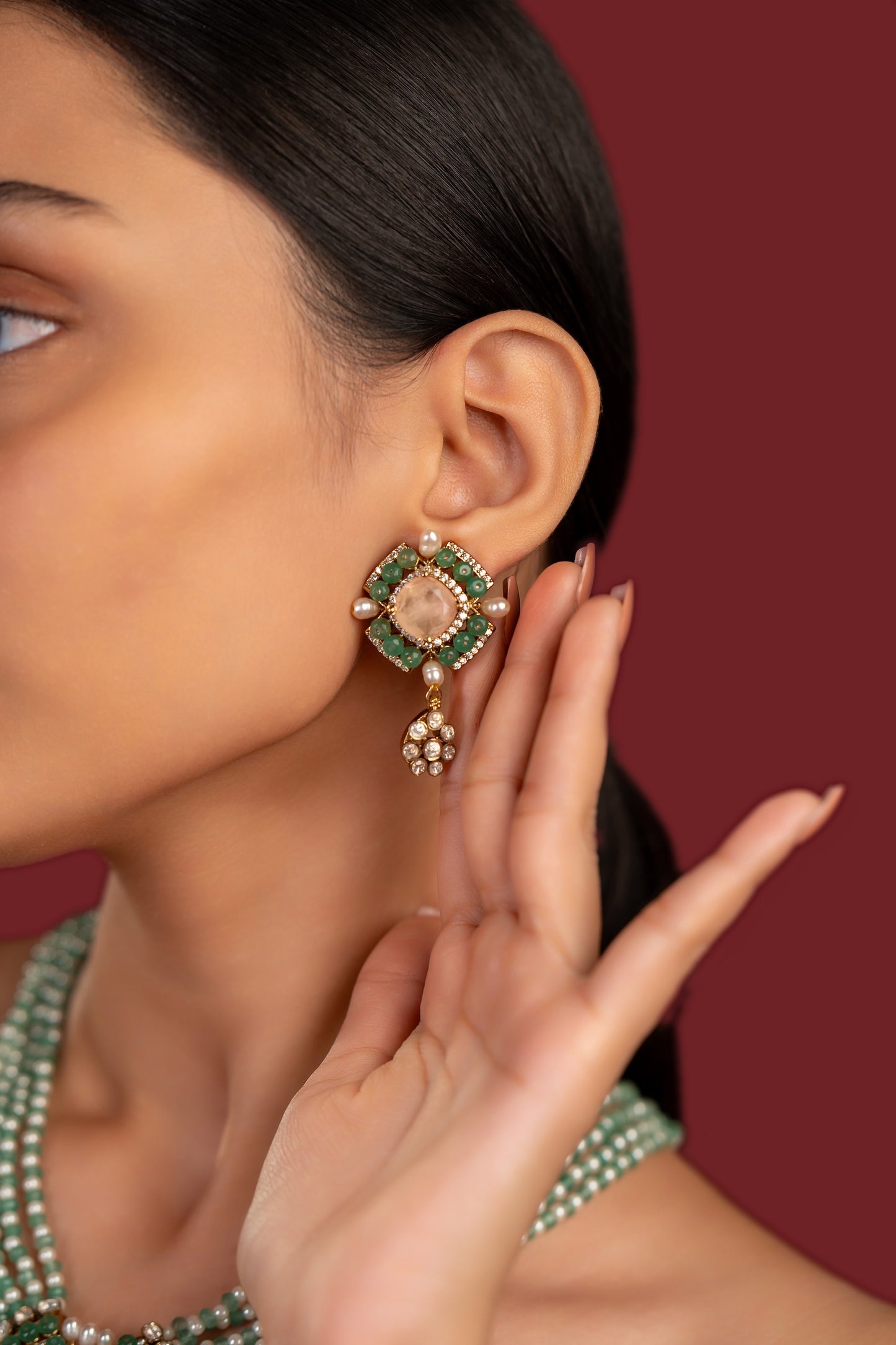 Green Pearl Pink Stone Polki Necklace Set - VNN065