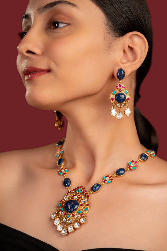Blue Stone Multi Coloured Polki Necklace - VNN069