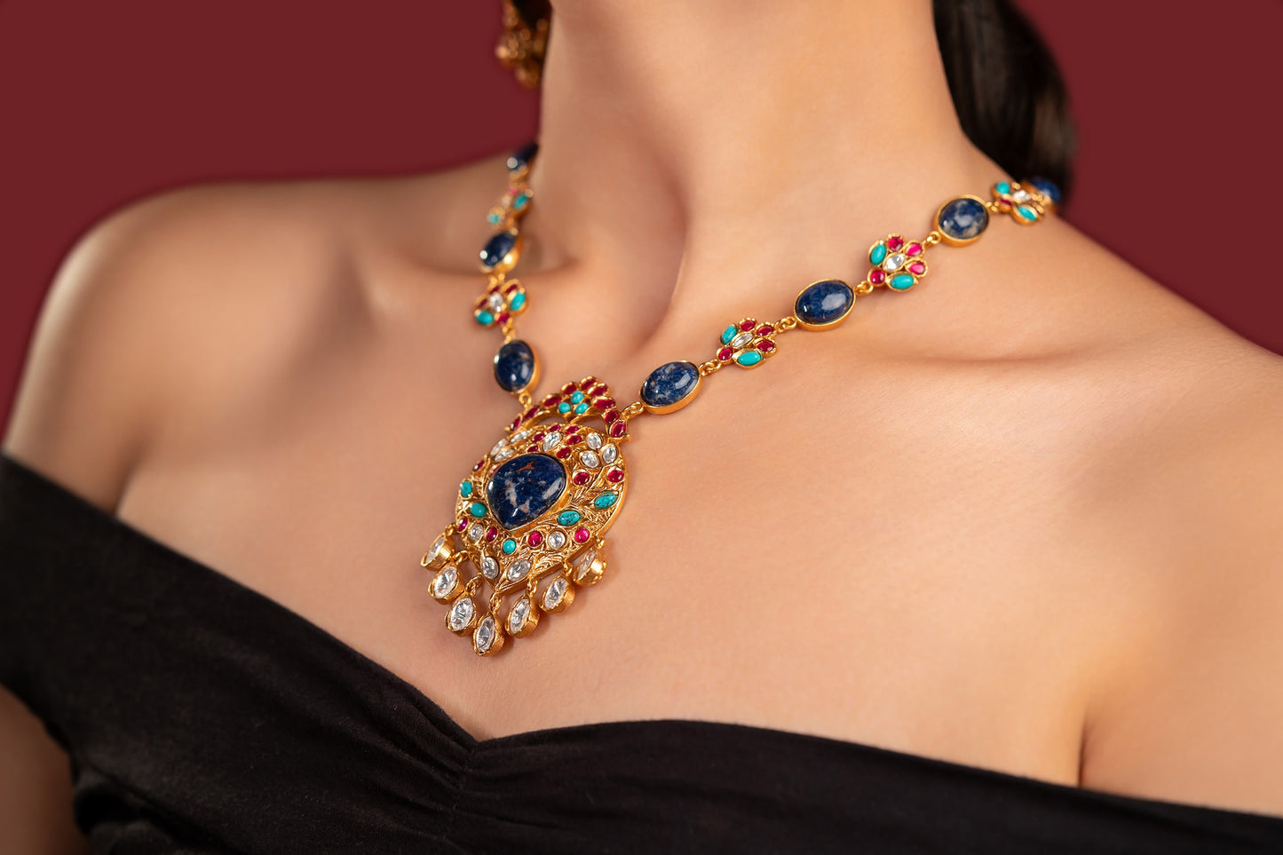 Blue Stone Multi Coloured Polki Necklace - VNN069