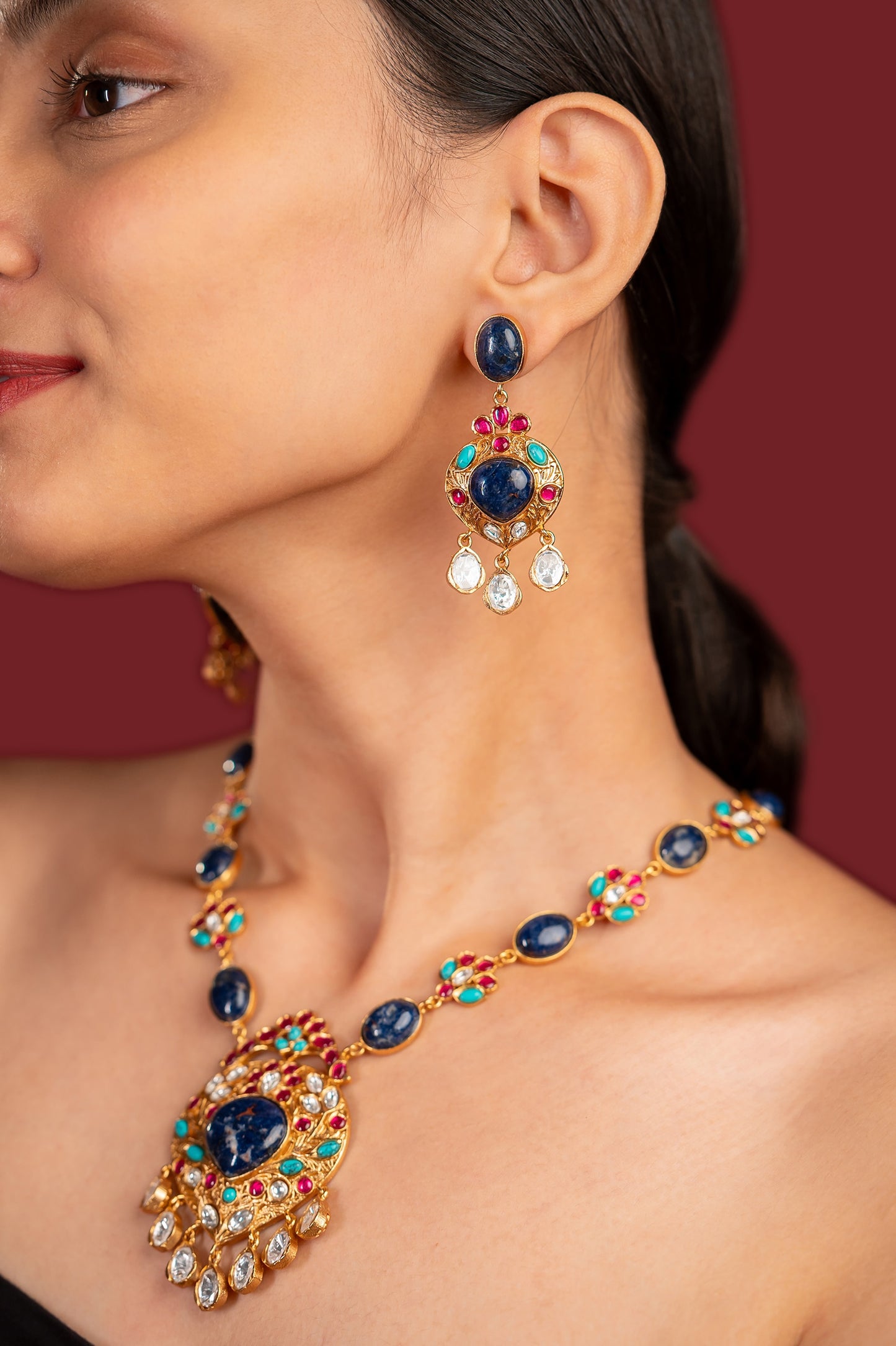 Blue Stone Multi Coloured Polki Necklace - VNN069