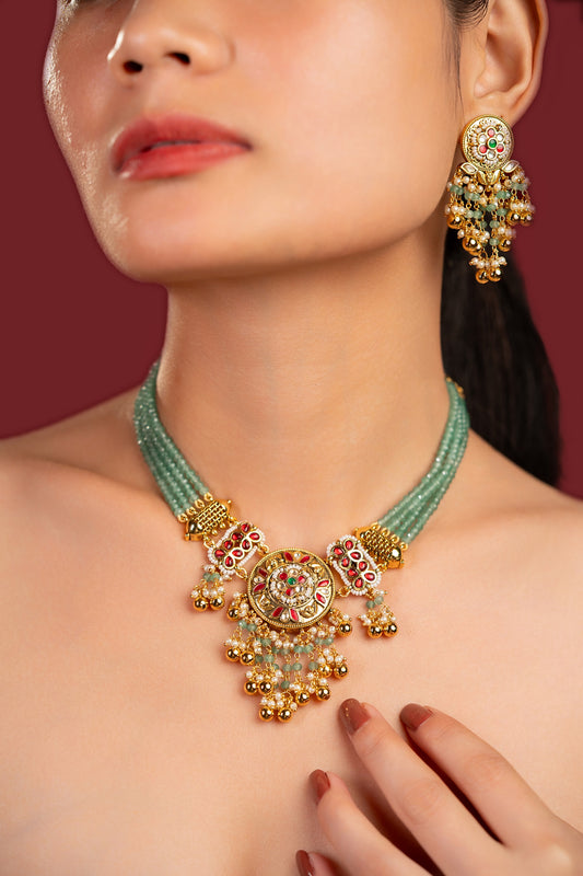 Multi Jadau Green Pearl Choker Set - VNN070