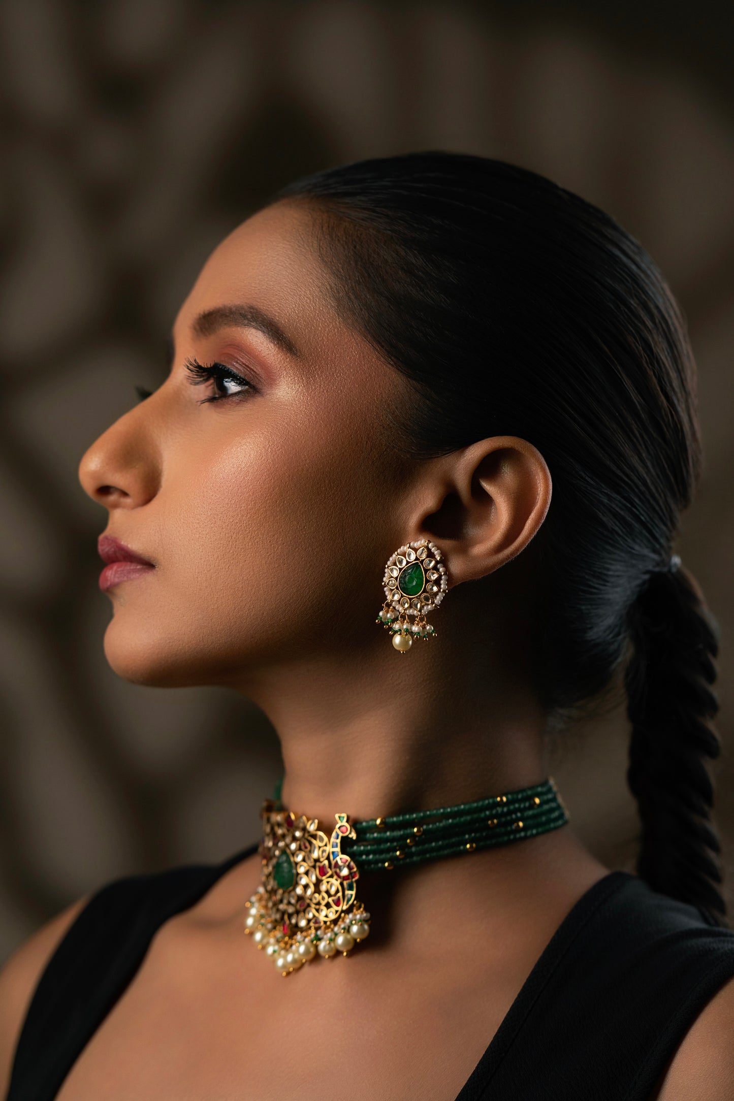 Multi Peacock White Jadau Green Stone Necklace Set VNN288