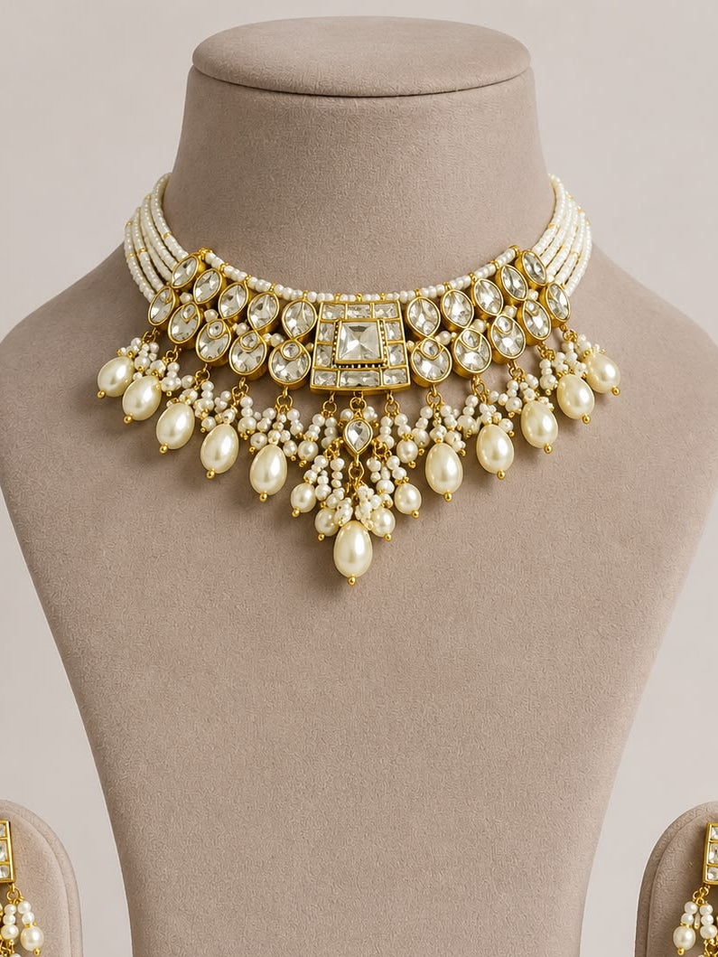 White Jadau Pearl Drop Necklace Set VNN614