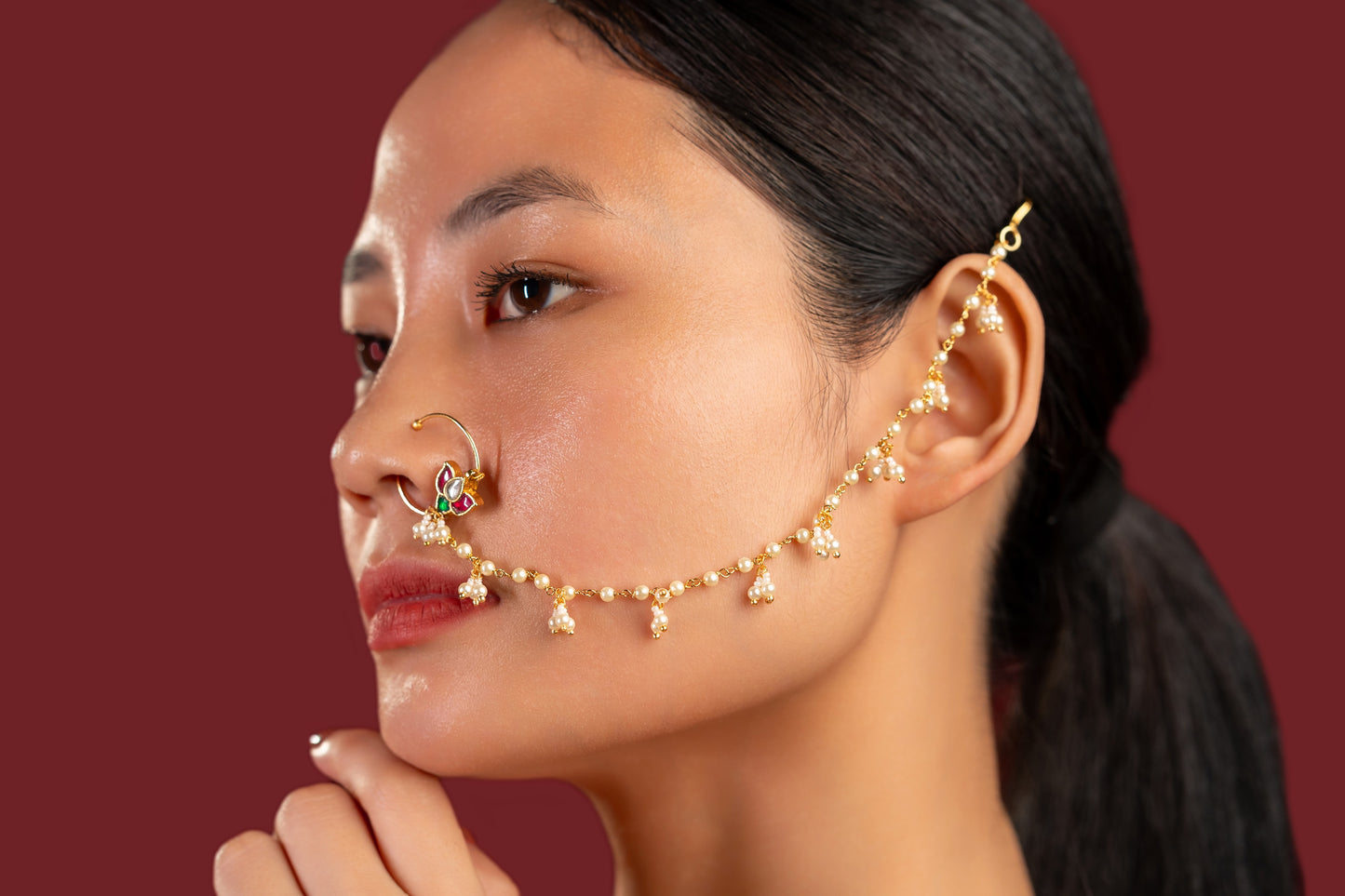 Multi Jadau Chain Nose Ring - VNNR002