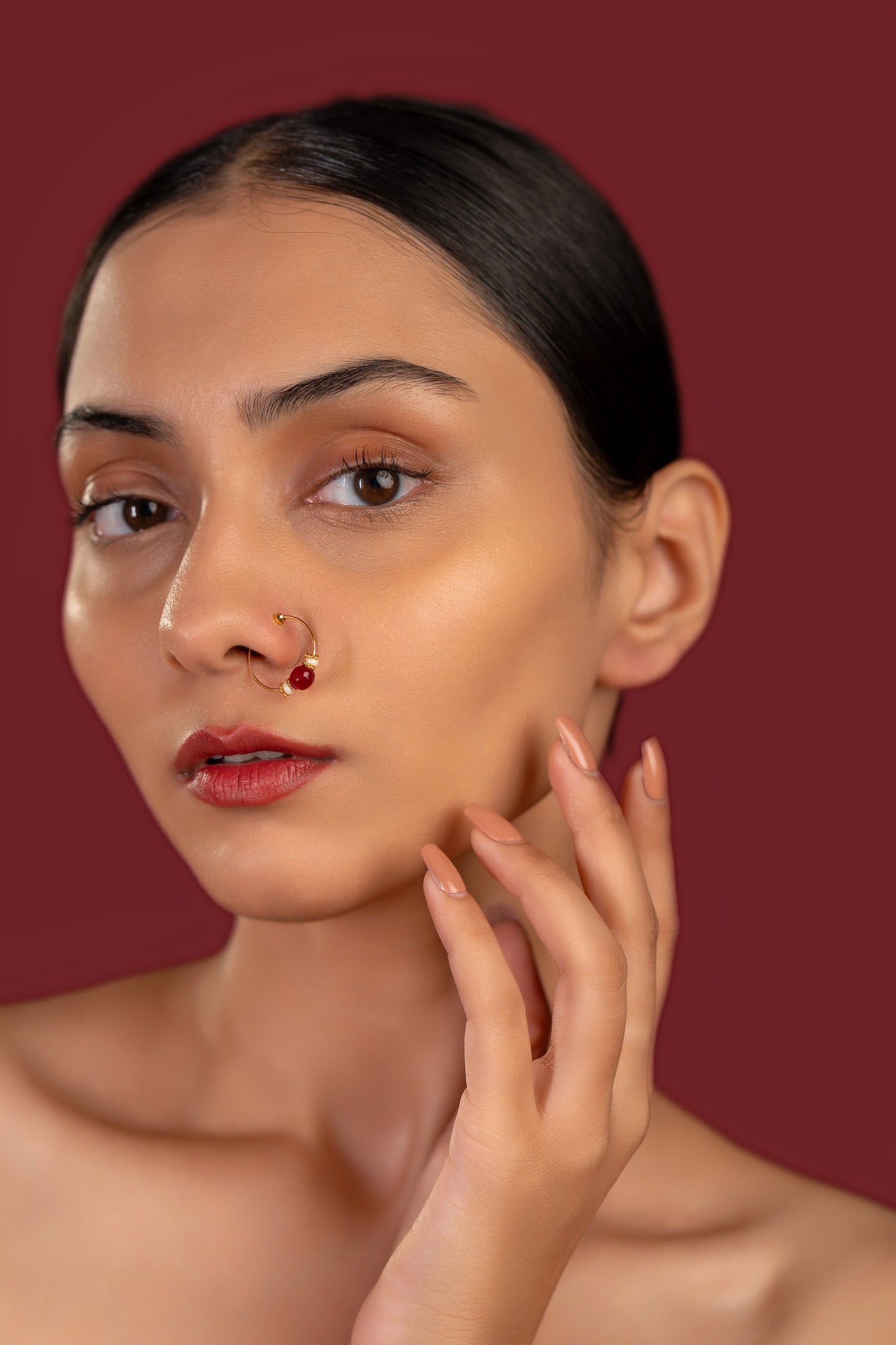Maroon Beads Nose Ring - VNNR006