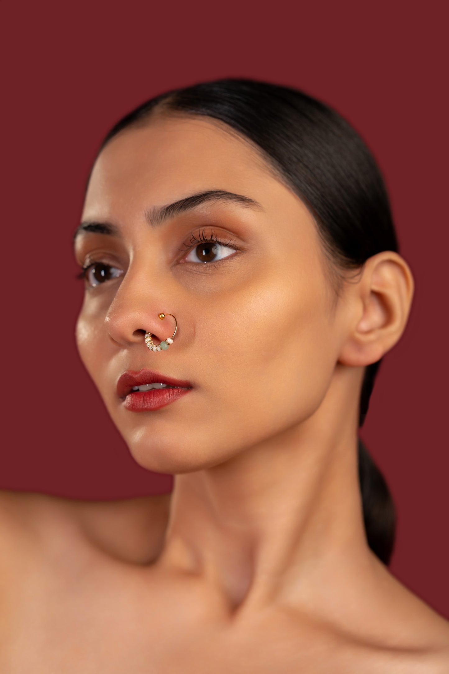 Green White Beads Nose Ring - VNNR008