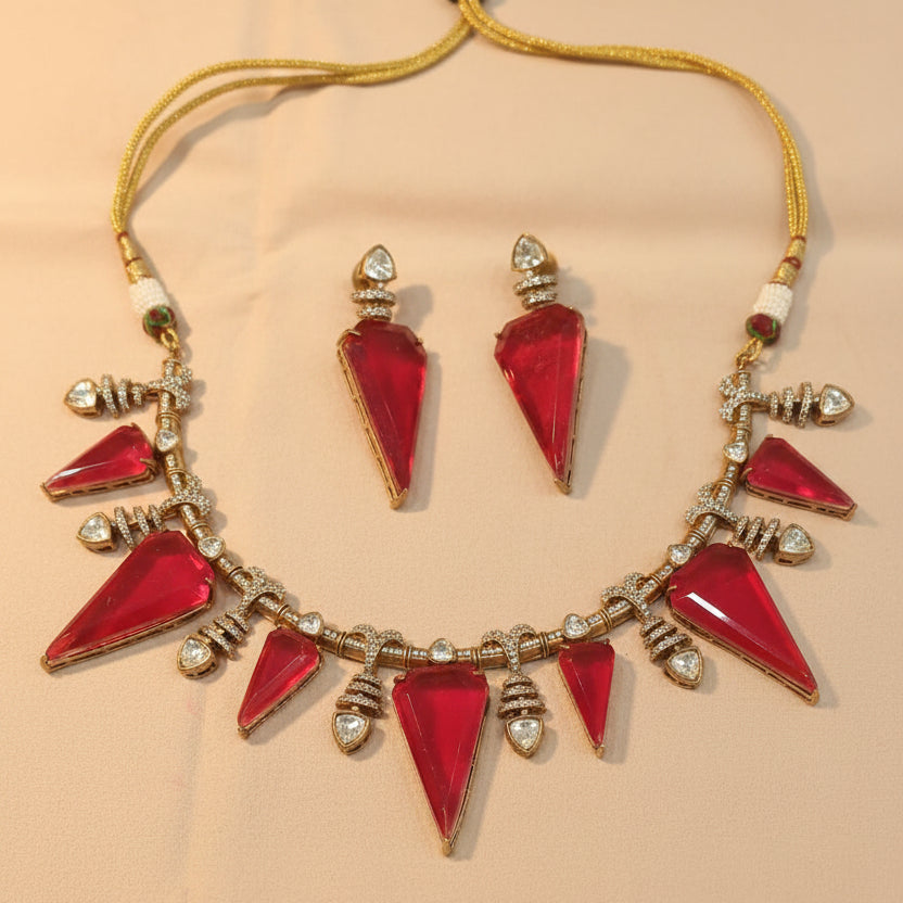 Red Triangle Stone Polki Necklace Set- VNN499