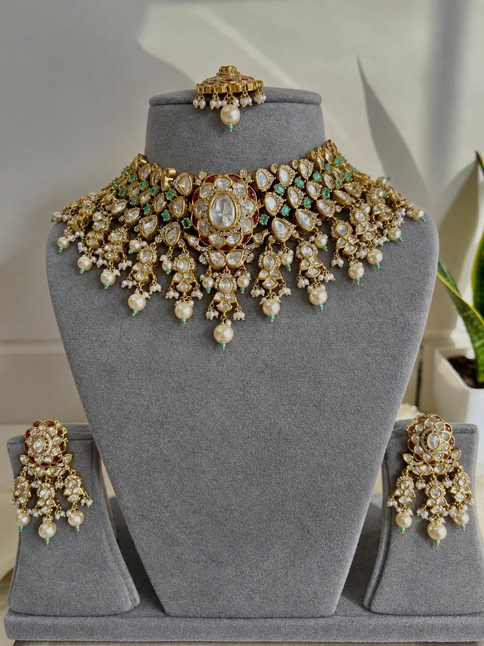 Mint Green Rubi Bridal Necklace Set With Tika VNN724