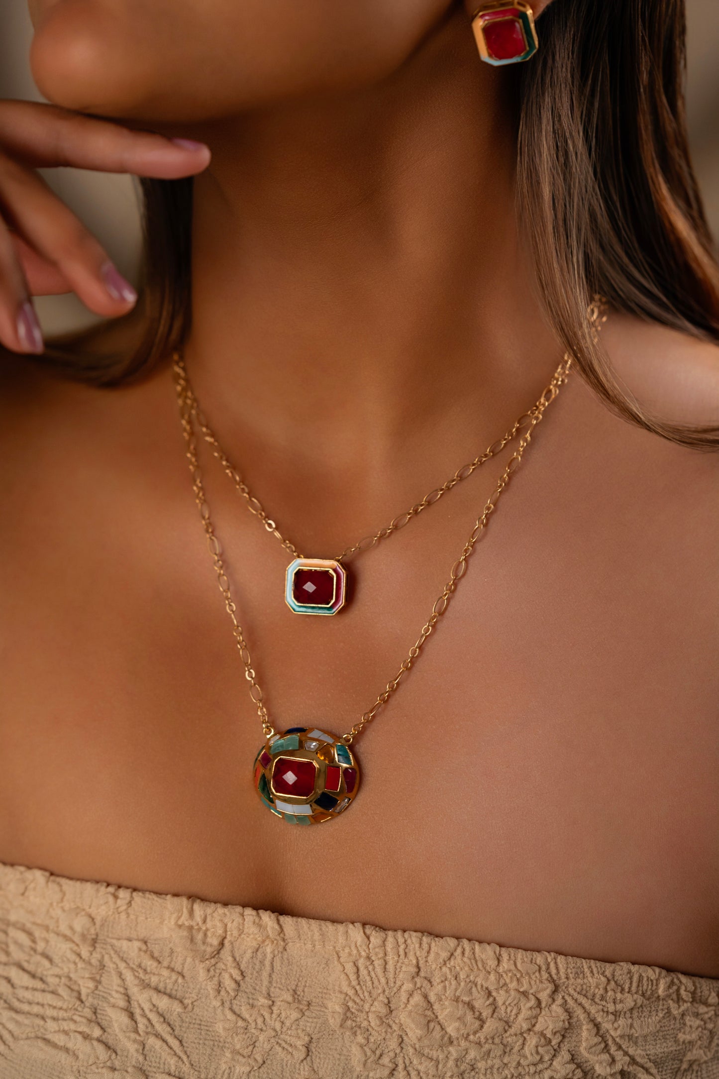Boho Green Stone Double Chain Set VNN423