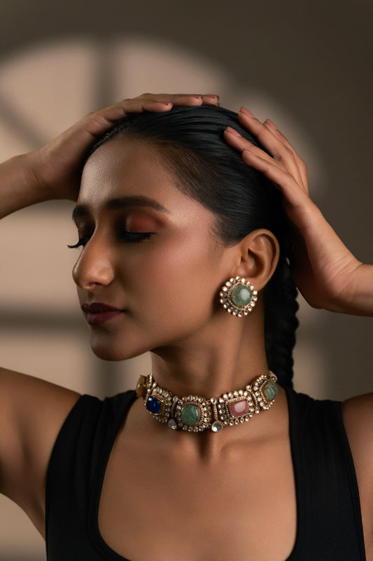 Multi Stone Polki Necklace Set- VNN379