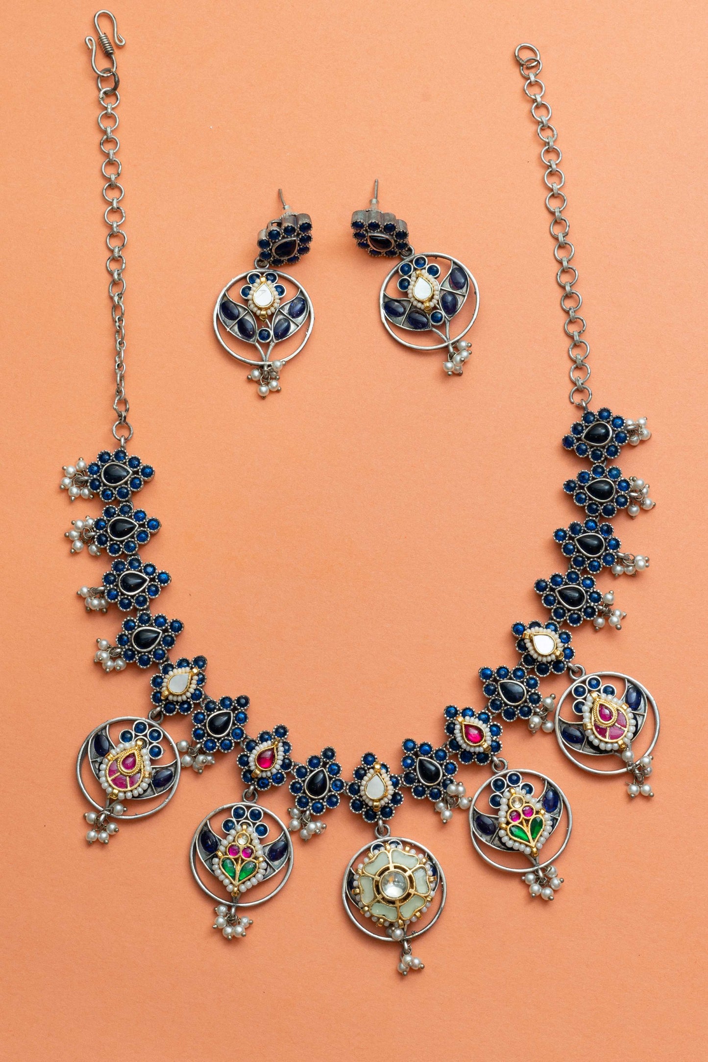 Blue Stone Pearl Necklace Set - VNG085