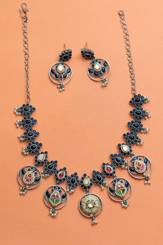 Blue Stone Pearl Necklace Set - VNG085