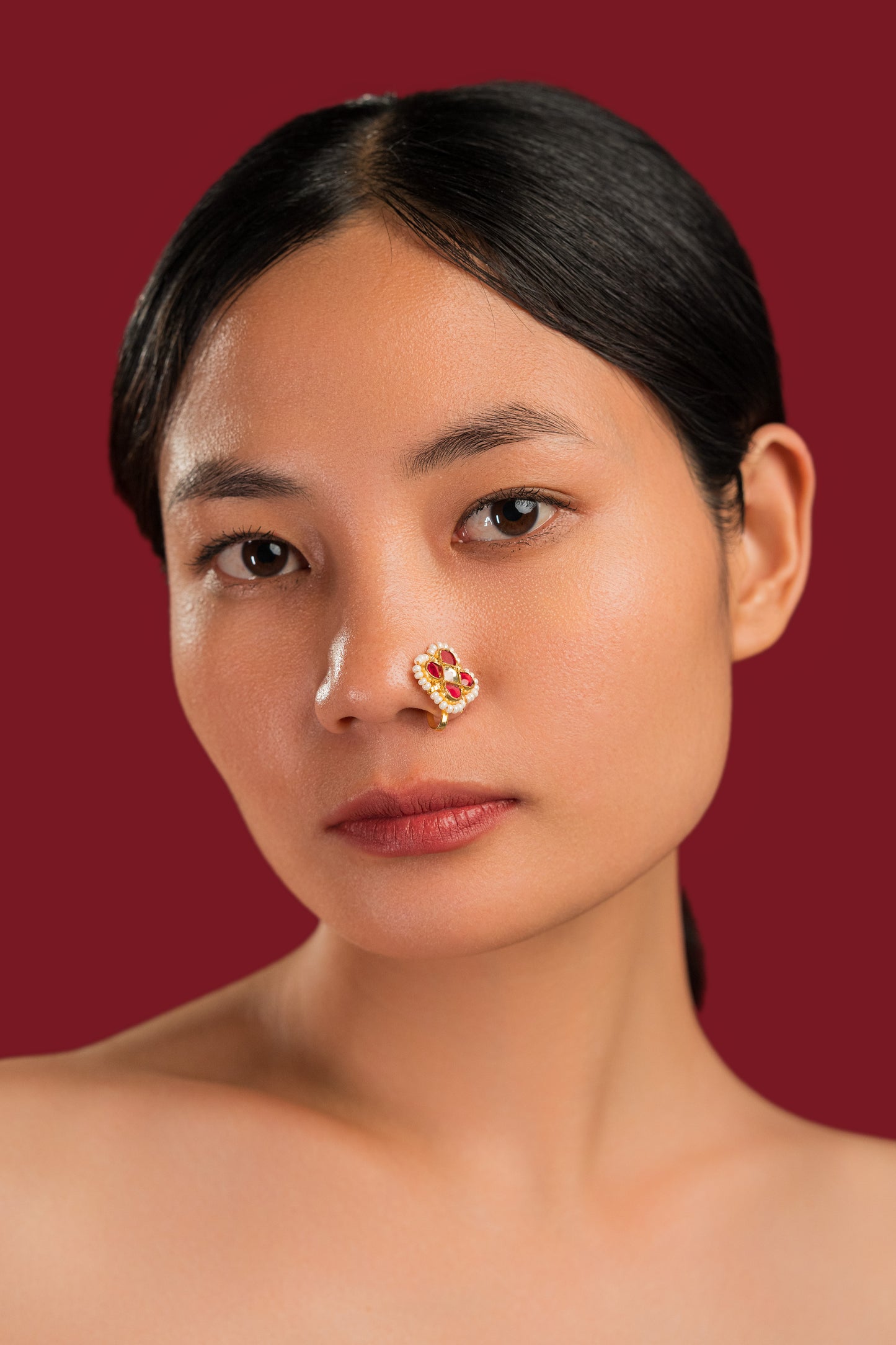 Maroon White Beads Nose Ring -VNNR014