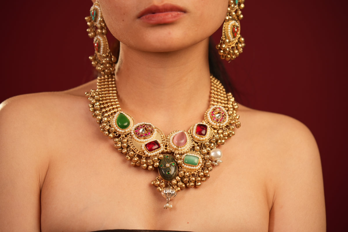 Multi Stone Fusion Gold Necklace Set - VNG104