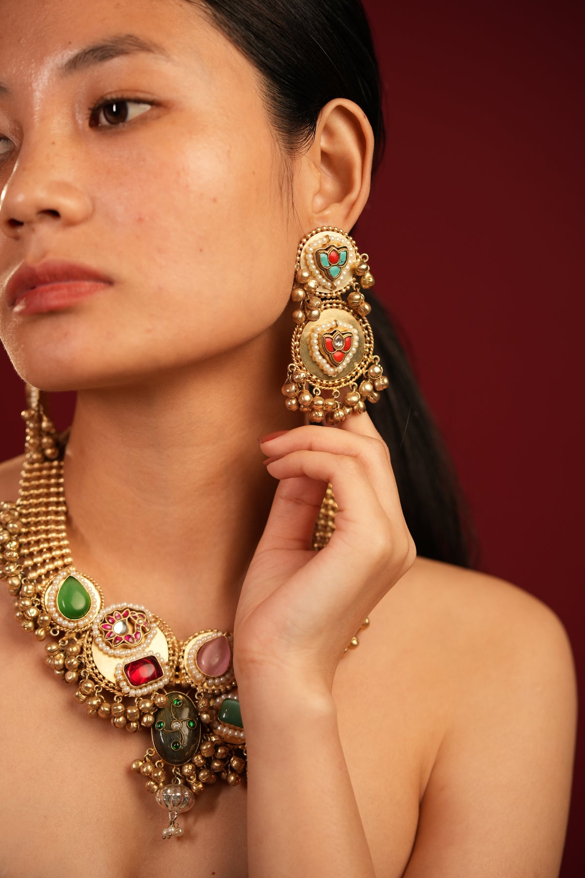 Multi Stone Fusion Gold Necklace Set - VNG104