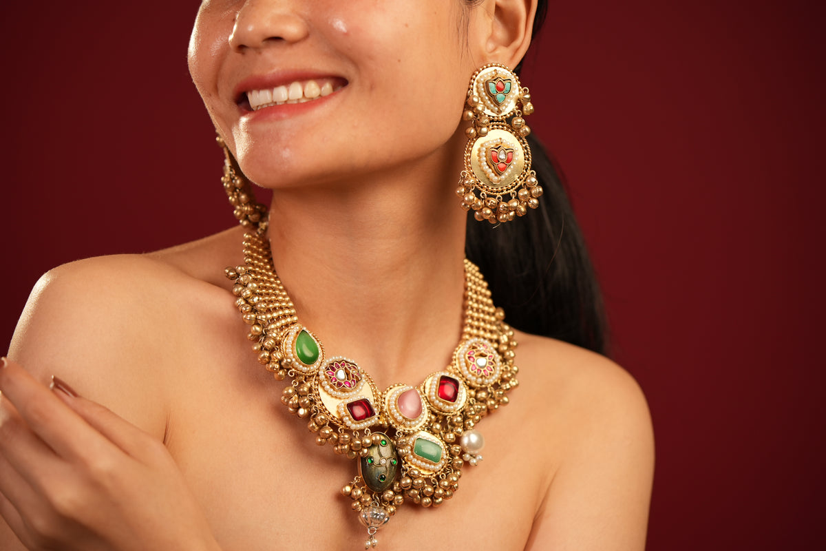 Multi Stone Fusion Gold Necklace Set - VNG104