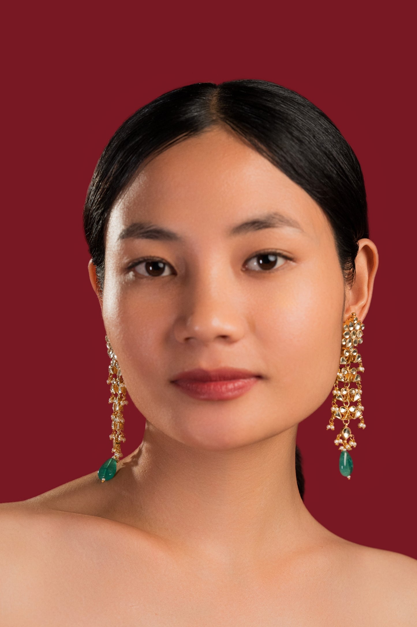 White Jadau Green Drop Earrings - VNE034
