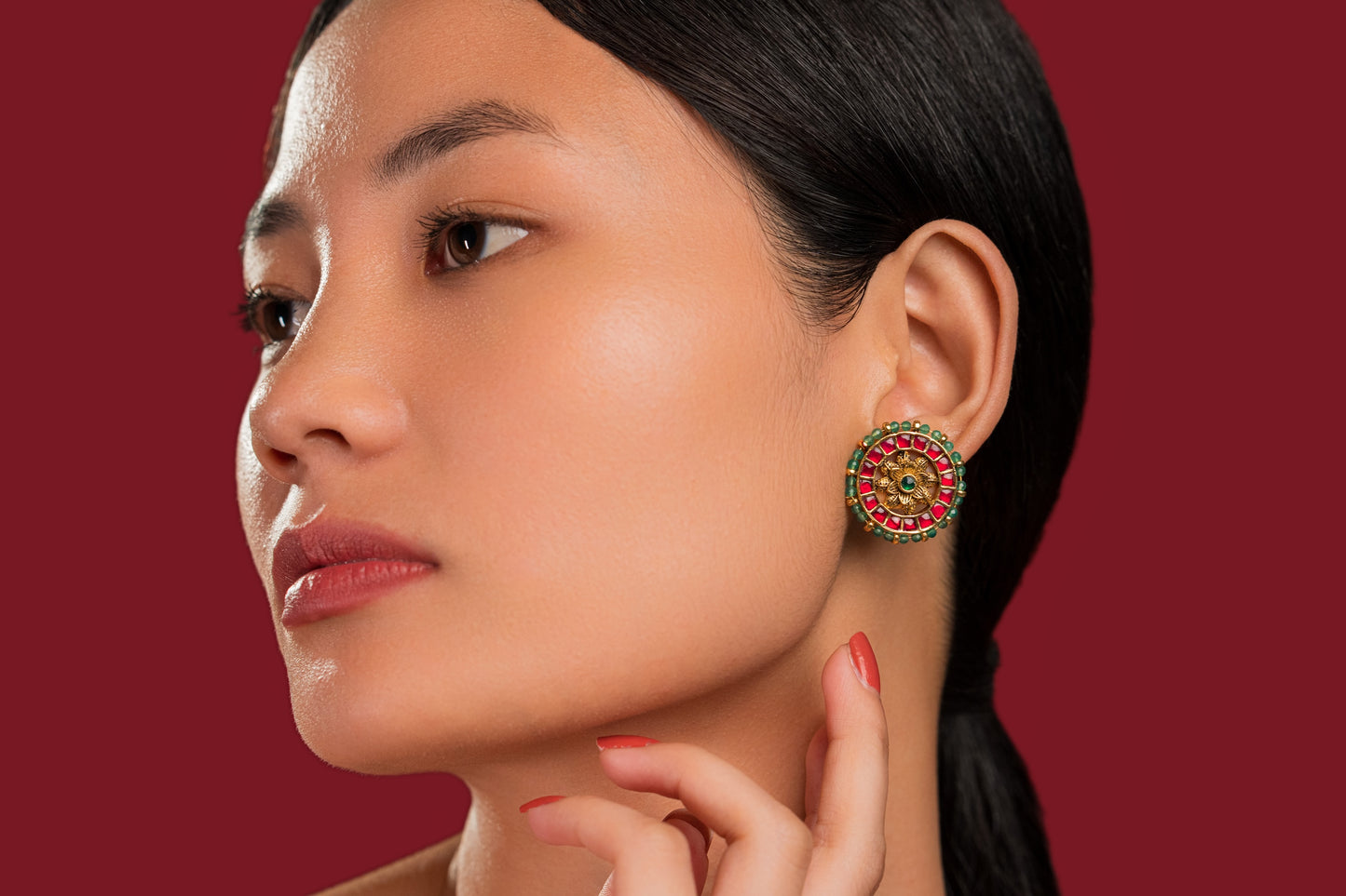 Red Green Jadau Studs - VNE044