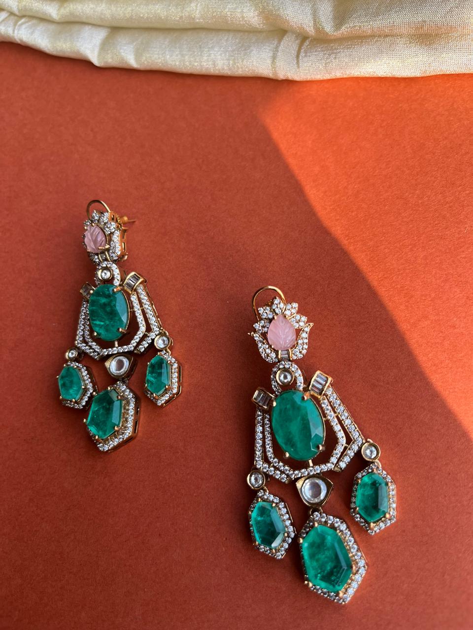 Pink Green Polki Earrings VNE062