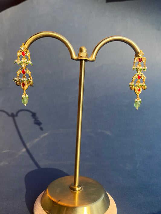 Red & White Jadau Hanging Earrings VNE188