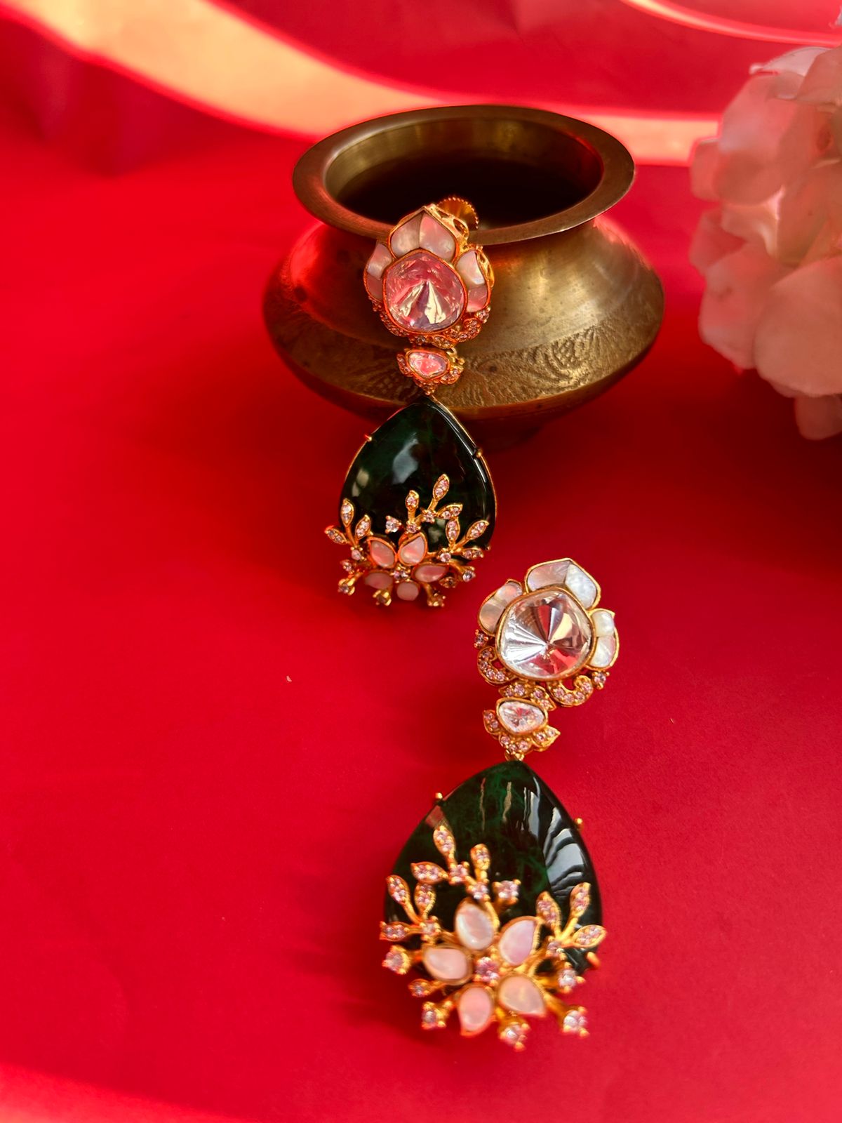 Green Stone Flower Polki Earring VNE238
