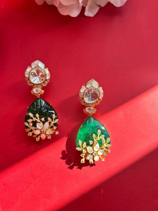 Green Stone Flower Polki Earring VNE238