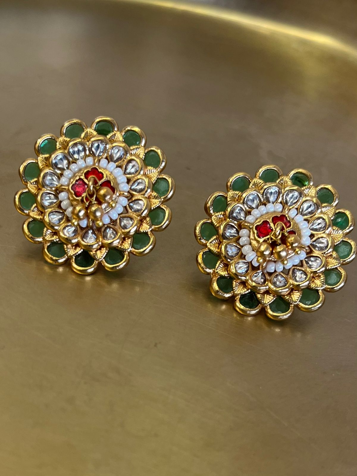 Floral Red Green Jadau Studs VNE310