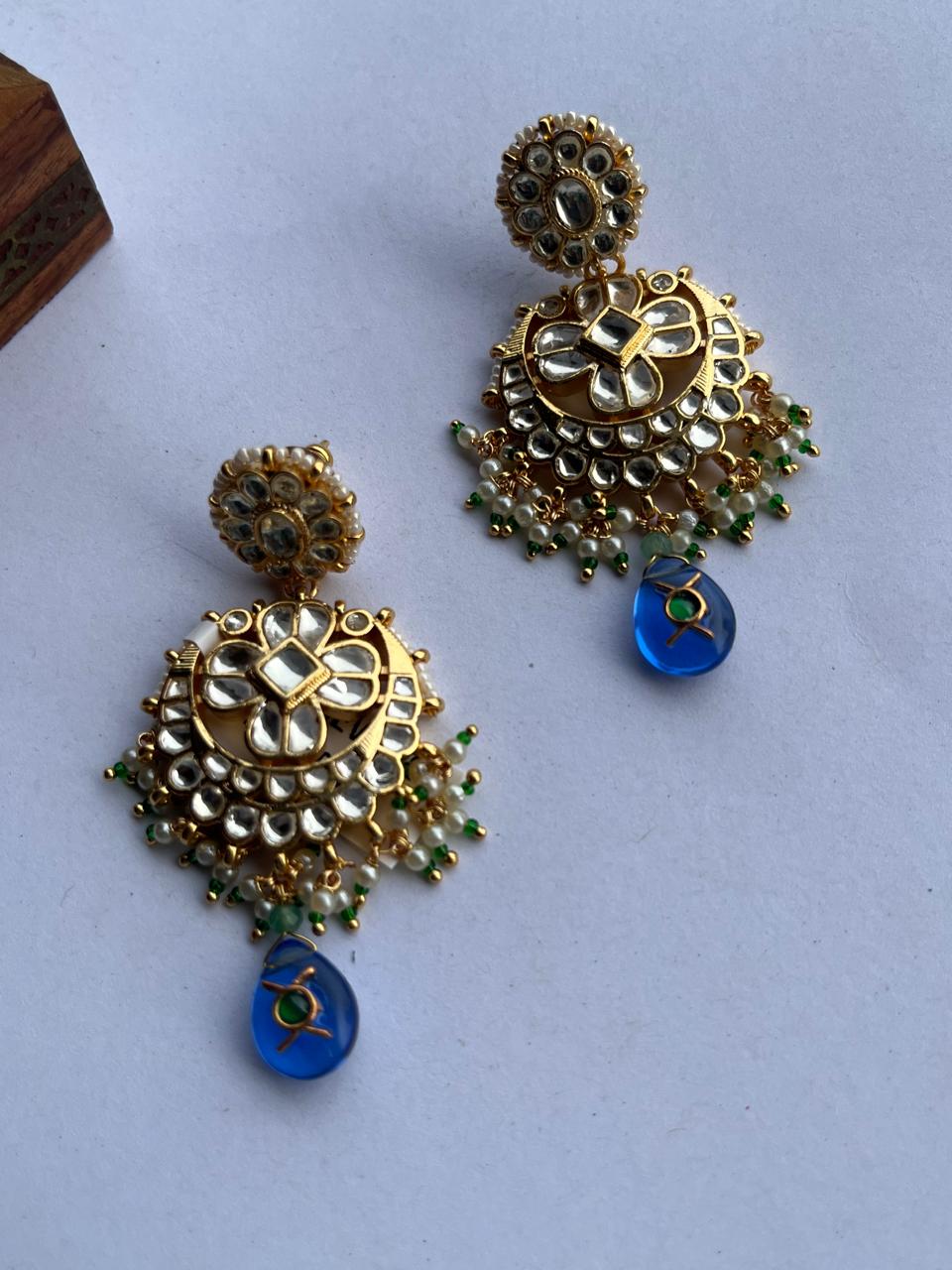 White Chand Blue Drop Earring VNE332