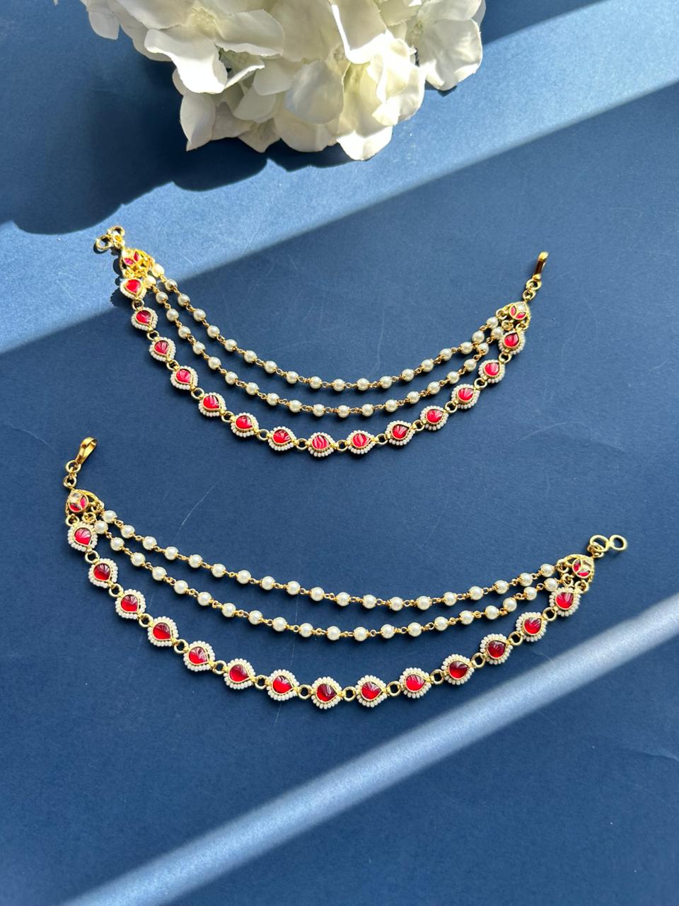 White Beads Red Earchain VNEC010
