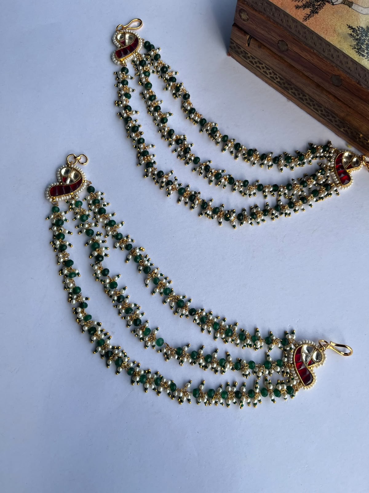 Green Beads Pearl Earchain VNEC024